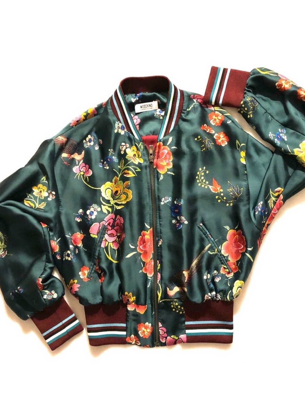Moschino Green Floral Satin Bomber with Burgundy Trim
